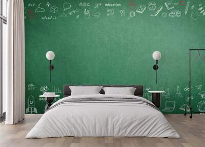 Green school teacher’s chalkboard background with doodle and blank copyspace for childhood imagination and education success concept Wall mural