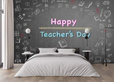 Happy teacher's day concept with smiley face icon on black chalkboard and doodle freehand sketch chalk drawing: Students sending greeting message to school teachers/ academia on special occasion Wall mural