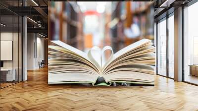 Love story book with open page of literature in heart shape and stack piles of textbooks on reading desk in library study room for national library lovers month  and education learning concept Wall mural