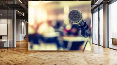 Microphone voice speaker in business seminar, speech presentation, town hall meeting, lecture hall or conference room in corporate or community event for host or townhall public hearing Wall mural