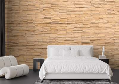 Rock stone brick tile wall aged texture detailed pattern background in dark yellow cream  brown color Wall mural