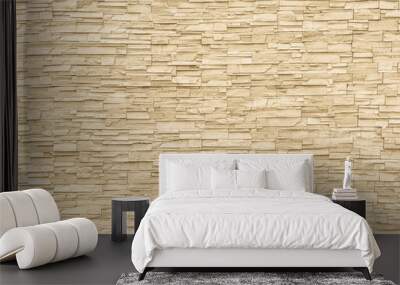 Rock stone brick tile wall aged texture detailed pattern background in yellow cream beige color Wall mural