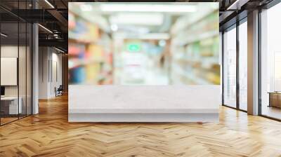 blur local supermarket convenience store background with cement perspective tabletop to showing product or ads banner and promote marketing on display concept	 Wall mural