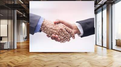 close up businessman hand shake with virtual AI hologram on blur technology background (isolated with path) Wall mural