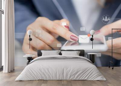 close up businesswoman holding smartphone and checking email online on web with virtual interface technology concept	
 Wall mural