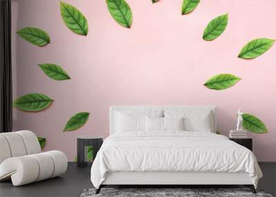 close up group of mini green leaves on soft pink  background  Wall mural