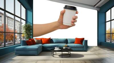 close up man hand hold mock up hot beverage cup isolated on transparent background for design as spe Wall mural