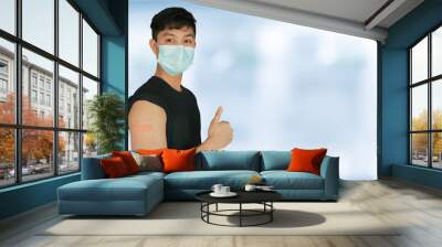 close up young asian man with protective face mask sand showing bandage on shoulder to expression after got corornavirus antibody vaccinated isolated on blur hospital background for health concept Wall mural