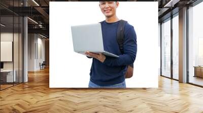 close up young asian student man use laptop computer to work about homework or do project about programming isolated on transparent background for teenage lifestyle in campus and education concept Wall mural