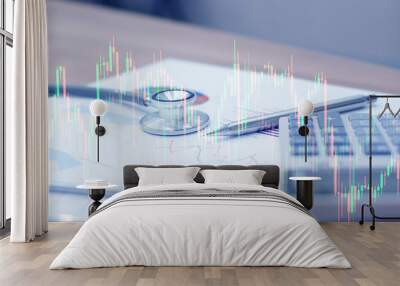 double exposure of stock graph market with stethoscope,pen and calculator lay on paperwork,investment risk concept Wall mural