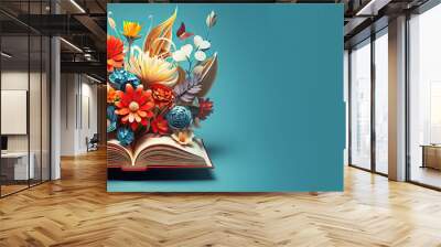 3D Abstract Book Opening with Florals in the Air, Books and Flowers Background Wall mural