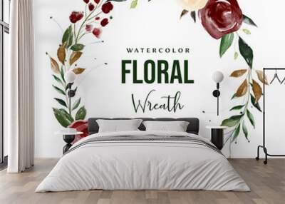 Watercolor Flower Wreath, Floral Wreath Wedding, Flower Wreath Clipart, Wreath Logo Design Wall mural