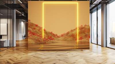 Abstract landscape scene podium neon geometric glow ring lake grass red flower natural beauty backdrop surreal scene product display backdrop cosmetic tech fashion shoes jewelry sunglass 3d rendering Wall mural