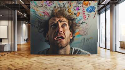 A man's head surrounded by a mess. confused and overthinking concept Wall mural