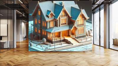 A project of a large victorian-style wooden house with intricate architectural details Wall mural