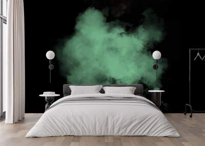 Aquamarine powder explosion on black background. Colored powder cloud. Colorful dust explode. green color powder explosion cloud isolated. Launched colorful powder. green Fog or smoke on black bg.. Wall mural