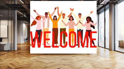 A flat vector cartoon illustration of a group of diverse people waving and greeting a new team member. Isolated design on a white background. Wall mural