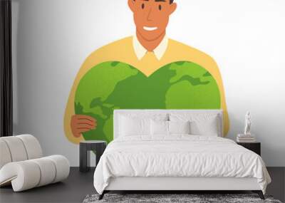 Flat vector cartoon illustration of a man holding a heart shaped planet. The concept of Earth Day and the preservation of the environment. Wall mural