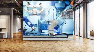 Industrial robotics gripping, smart robot and robotics 3D scan working on teamwork with auto parts in smart factory on blue tone color blurred background, industry 4.0 and technology concept Wall mural