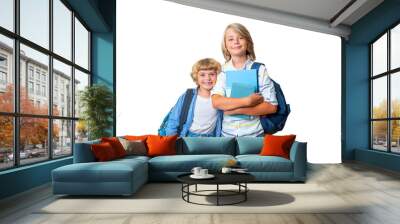 Middle elementary primary school smiling teen boy girl backpack png isolated white background looking at camera holding books. Copy space for advertising blank concept. Back to school. Wall mural