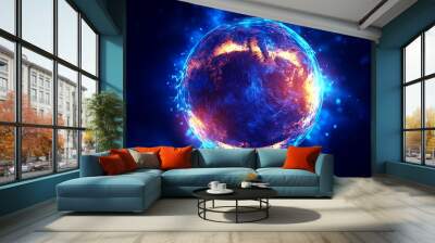 Glowing blue sphere orbits Earth illuminating nature background Wall mural