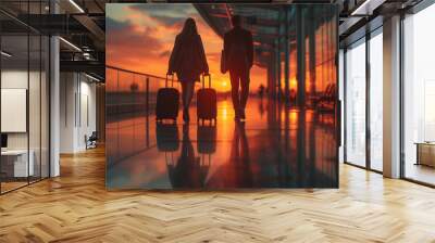 a couple of men and woman walking at the airport with luggage trolley at sunset, travelers at airport Wall mural