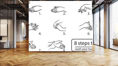 8 Steps to wash your hands in black line drawing vector.On a white background.Used to describe hand washing. Teaching how to wash your hands properly to prevent and kill germs from entering the body. Wall mural