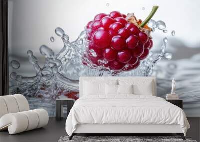 Close-up of berries being thrown onto water, water splashing out. It is a healthy, nutritious food that is not fattening and is suitable for weight loss. Wall mural