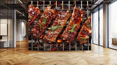 Close-up photo, top view of barbecue ribs with spices on a metal plate and beautiful decorations that look delicious. Wall mural