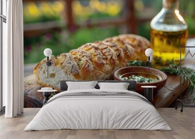 Close-up photo of freshly baked bread, sliced into large pieces, a healthy food, with a beautiful backdrop of fresh nature in the evening. Wall mural