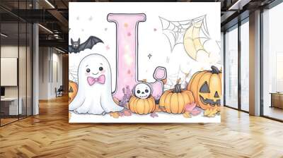 Illustration of letters, white background decorated with Halloween-themed objects. Cute style includes pumpkins, spiders, skulls, and many more. Wall mural