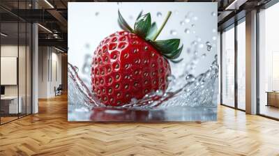 Isolated on white background, a fresh strawberry fully submerged in water, surrounded by small bubbles and splashes. Wall mural