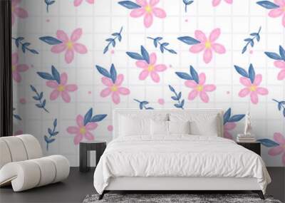 Vector pattern of fabric, wallpaper, wrapping paper. It is continuous and can be made in any size and repeated. The cute style is a white grid pattern with cute pink flowers. Wall mural