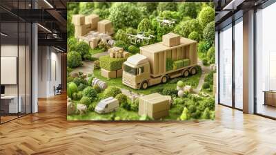 Eco-friendly logistics network with electric trucks and drones, surrounded by a green cityscape, sustainable logistics, 3D illustration, green supply chain Wall mural