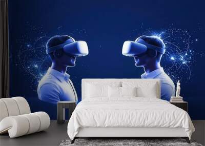 Two users engaged in a virtual reality experience using headsets, showcasing an immersive technology environment. The scene highlights digital interactions and futuristic design elements. Wall mural