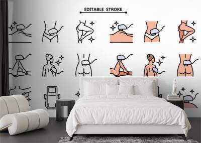 Laser hair removal line icons set. Editable stroke. Color epilation symbols. Apparatus, equipment. Vector illustration isolated on white. Wall mural