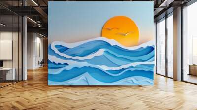 Papercut sea wave with sunrise Wall mural