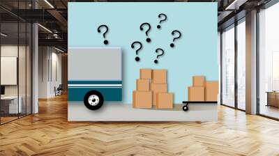 Cargo truck with question mark, package boxes and trolley on blue background, Concept for truck, land transport problem, courier service or postal and logistics, copy space, paper art design style. Wall mural