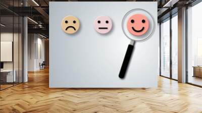 Magnifier focuses on smile face circle and gray background. Concept of positive thinking, mental health assessment and world mental health day. copy space. illustration of paper cut design style. Wall mural