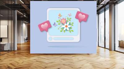 Photo frame with flowers, butterfly and love emoji icon on pastel background. Concept of social media online platform and communication on applications. illustration paper cut design style. Wall mural