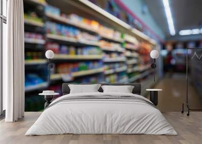 Defocused blur buying milk put on shelf in supermarket Wall mural