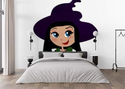 Vector Isolated Halloween Kid Cartoon Ilustration with a Colorful Cute Child Wearing Witch Hat, Green Dress and Holding Orange Evil Pumpkin on a White Background Wall mural