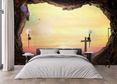 Ascension day concept: Silhouette cross on meadow autumn sunrise background Wall mural