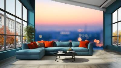 Bokeh light and blur city skyline sunrise background. Bangkok, Thailand, Asia Wall mural