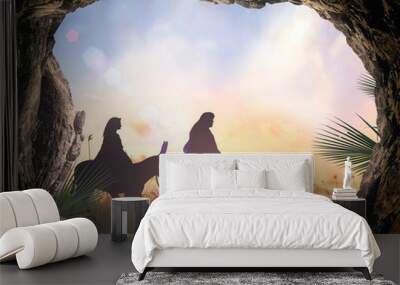 Christmas religious nativity concept: Silhouette mother Mary and father Joseph looking Jesus born in birth manger - 3d illustration Wall mural