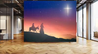 Christmas religious nativity concept: Silhouette pregnant Mary and Joseph with a donkey on star of cross background Wall mural