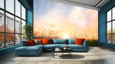 Early Morning concept: Beautiful meadow and sky autumn sunrise background Wall mural