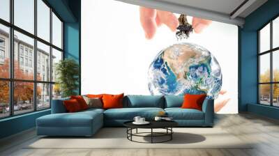 Earth day concept: Two human hands holding earth globe and big tree over blurred nature background. Elements of this image furnished by NASA Wall mural