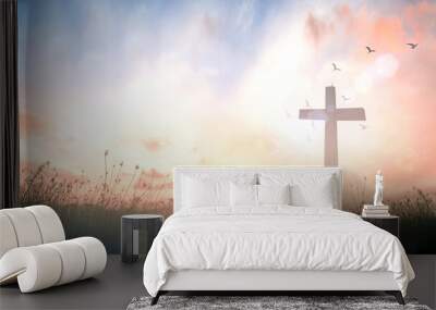 Easter Religious concept: The cross on meadow autumn sunrise background Wall mural