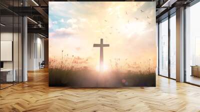 Easter Religious concept: The cross on meadow autumn sunrise background Wall mural